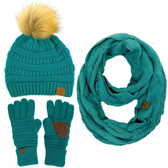 C.C 3pc Knit Warm Pom Beanie Gloves Scarves Set main image 4
